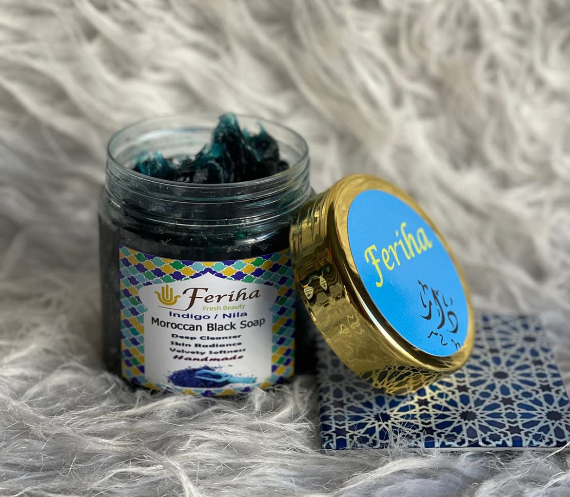 FERIHA Moroccan Black Soap, Indigo, Sahara Nila, 100% Natural, Artisan Beldi Soap