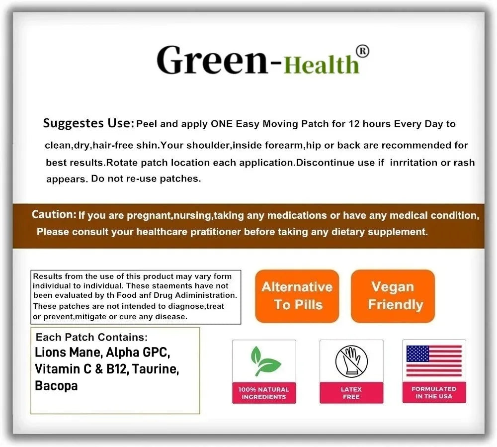 30 Patches Focus 6-in-1 Nootropic Brain Transdermal Patches with Lions